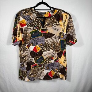 S.G. Sport Animal Print Top Short Sleeve V Neck Novelty Blouse